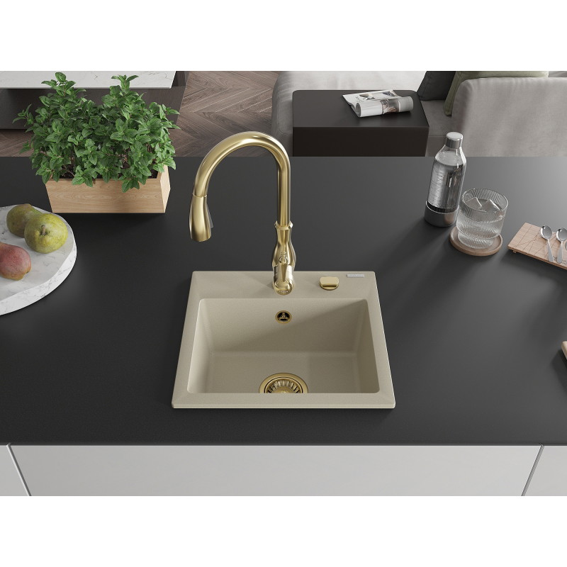 Mexen Milo 1-bowl granite sink with Savita kitchen faucet, beige - 6505-69-672601-50