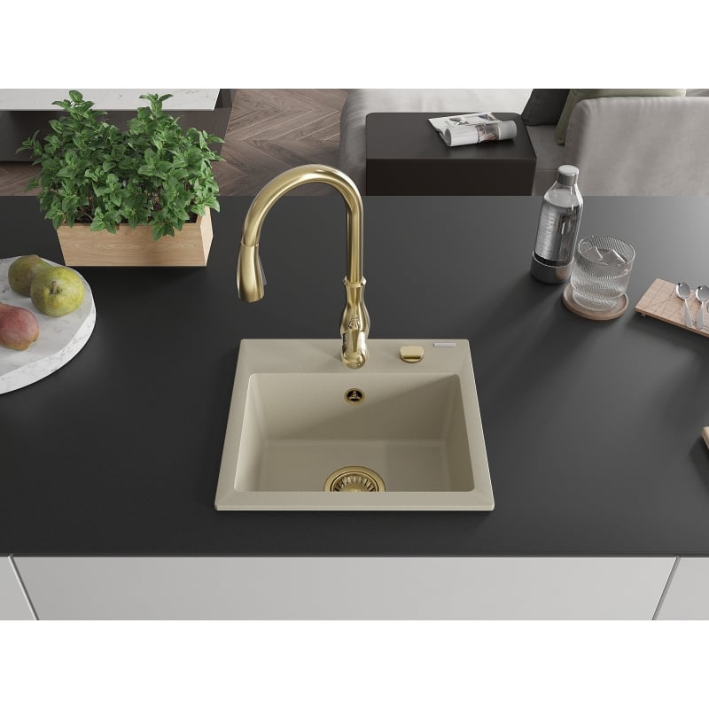 Mexen Milo granite single-bowl kitchen sink with Savita faucet, beige - 6505-69-672601-50