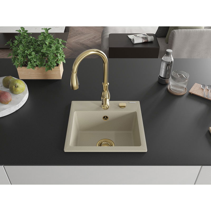 Mexen Milo granite sink with 1 bowl and Savita kitchen tap, beige - 6505-69-672601-50