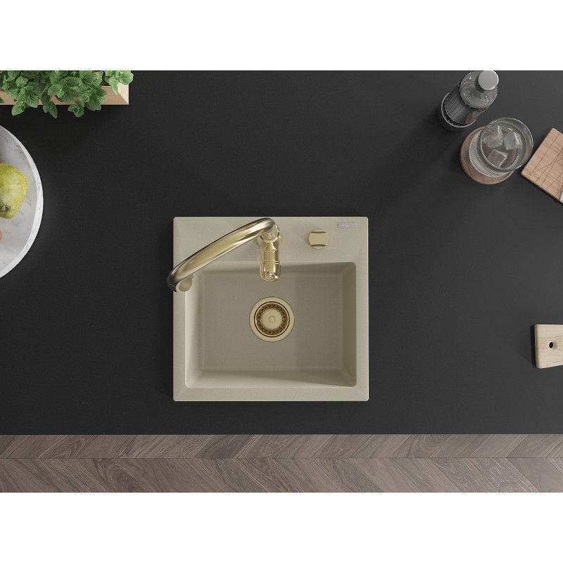 Mexen Milo granite sink with 1 bowl and Savita kitchen tap, beige - 6505-69-672601-50