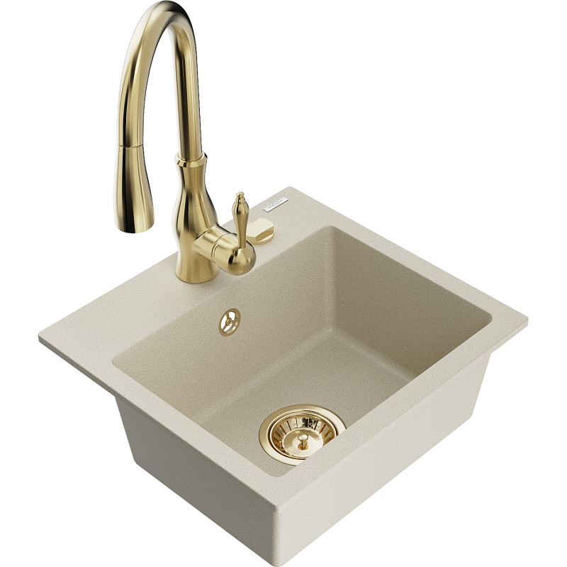 Mexen Milo 1-bowl granite sink with Savita kitchen faucet, beige - 6505-69-672601-50
