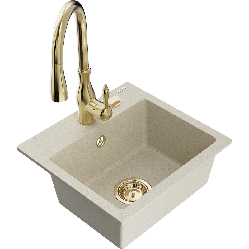 Mexen Milo granite sink with 1 bowl and Savita kitchen tap, beige - 6505-69-672601-50