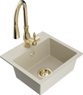 Mexen Milo 1-compartment granite sink with a kitchen mixer tap Savita, Beige - 6505-69-672601-50