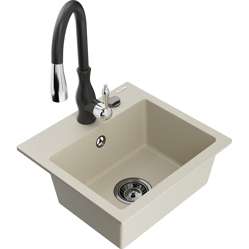 Mexen Milo granite single-bowl sink with Savita kitchen faucet, beige - 6505-69-672601-70
