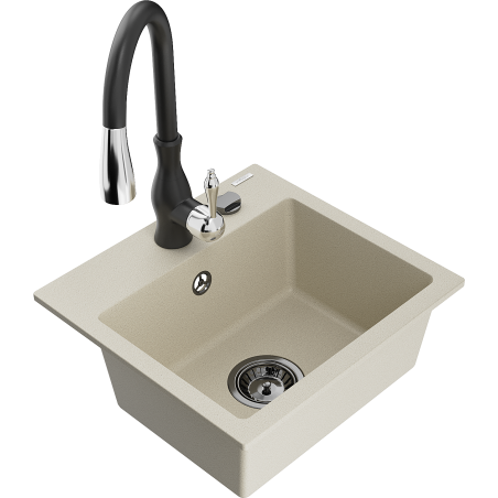 Mexen Milo granite single-bowl sink with Savita kitchen faucet, beige - 6505-69-672601-70