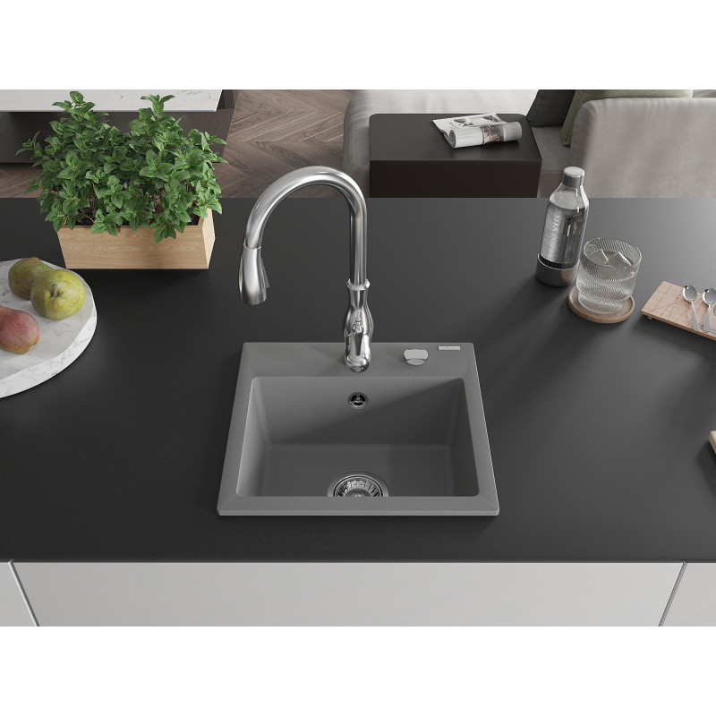 Mexen Milo 1-bowl granite sink with Savita kitchen faucet, gray - 6505-71-672601-00