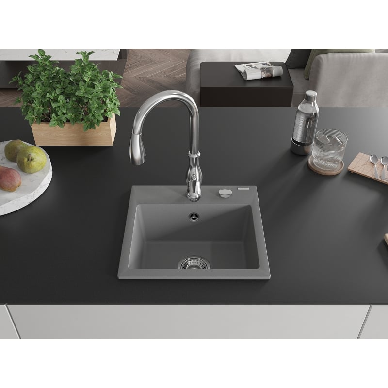 Mexen Milo granite single-bowl kitchen sink with Savita faucet, gray - 6505-71-672601-00
