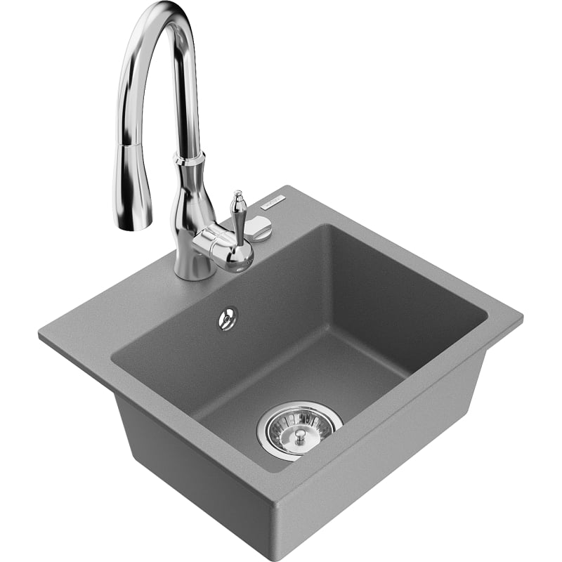 Mexen Milo 1-bowl granite sink with Savita kitchen faucet, gray - 6505-71-672601-00