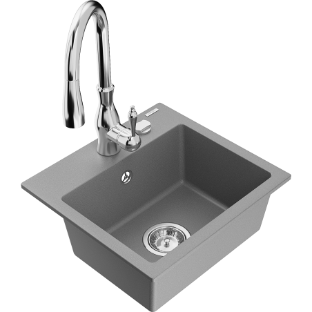 Mexen Milo 1-compartment granite sink with a kitchen mixer tap Savita, Grey - 6505-71-672601-00