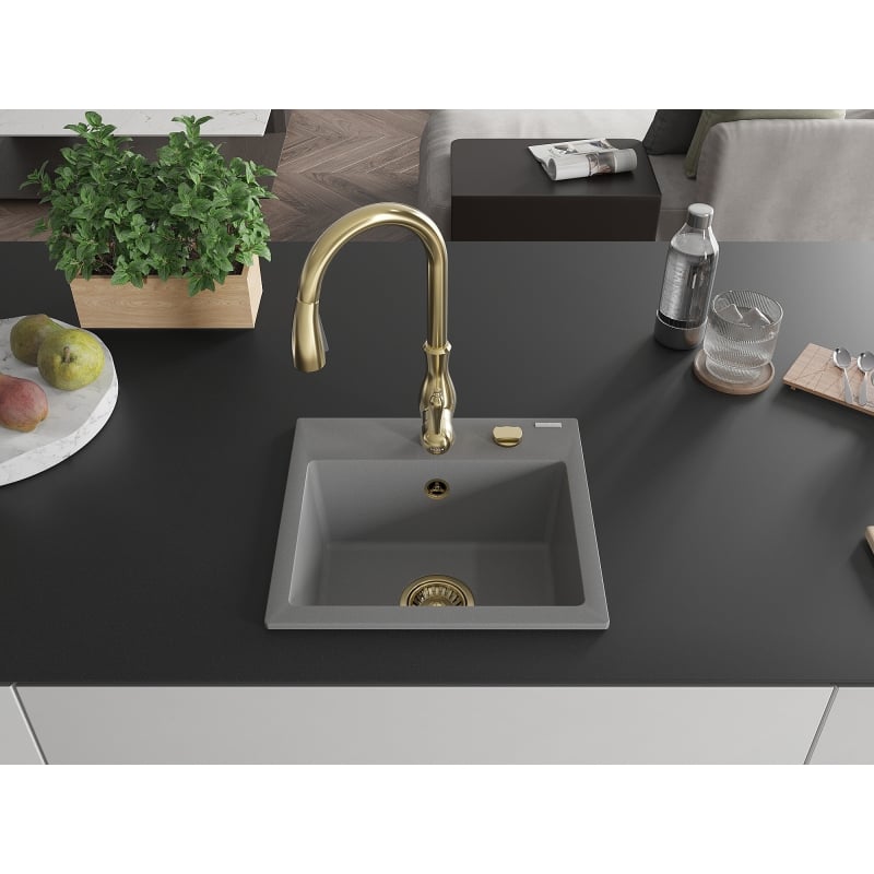 Mexen Milo 1-bowl granite kitchen sink with Savita kitchen faucet, gray - 6505-71-672601-50