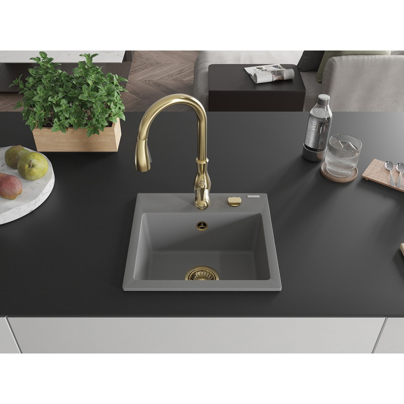 Mexen Milo granite kitchen sink 1-bowl with Savita kitchen faucet, gray - 6505-71-672601-50