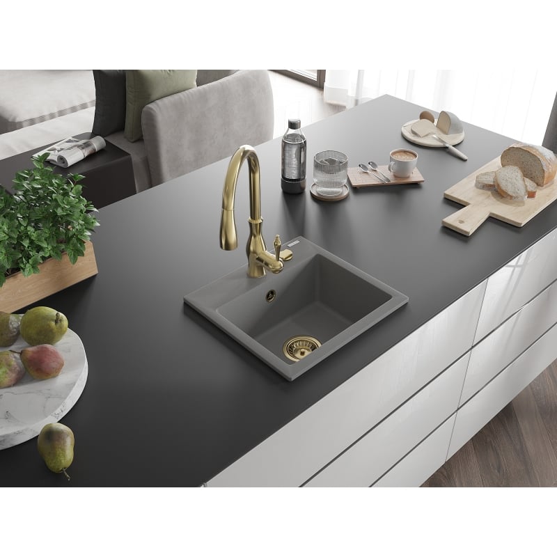 Mexen Milo 1-bowl granite kitchen sink with Savita kitchen faucet, gray - 6505-71-672601-50