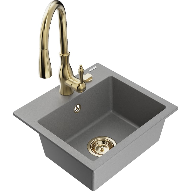 Mexen Milo 1-bowl granite kitchen sink with Savita kitchen faucet, gray - 6505-71-672601-50