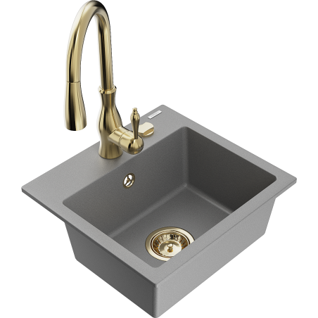 Mexen Milo 1-bowl granite kitchen sink with Savita kitchen faucet, gray - 6505-71-672601-50