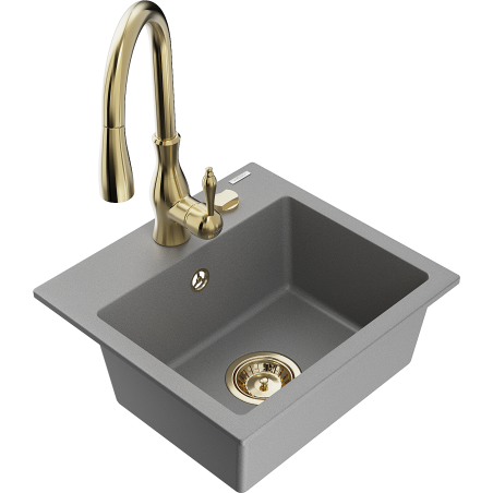 Mexen Milo granite kitchen sink 1-bowl with Savita kitchen faucet, gray - 6505-71-672601-50