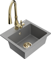 Mexen Milo granite kitchen sink 1-bowl with Savita kitchen faucet, gray - 6505-71-672601-50