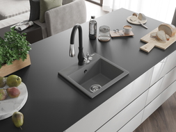 Mexen Milo 1-bowl granite sink with Savita kitchen faucet, gray - 6505-71-672601-70