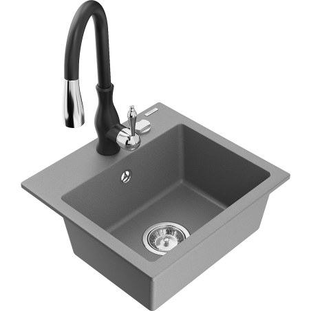 Mexen Milo 1-bowl granite sink with Savita kitchen faucet, gray - 6505-71-672601-70