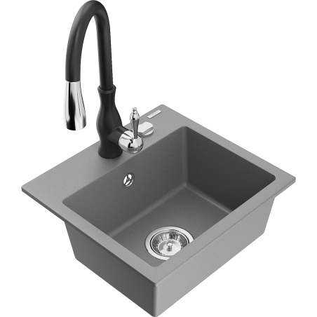 Mexen Milo granite sink 1-bowl with Savita kitchen faucet, gray - 6505-71-672601-70