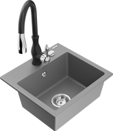 Mexen Milo 1-compartment granite sink with a kitchen mixer tap Savita, Grey - 6505-71-672601-70