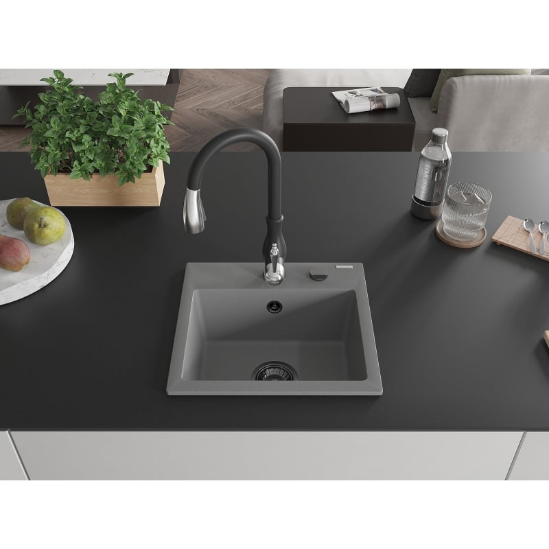 Mexen Milo 1-bowl granite sink with Savita kitchen faucet, gray - 6505-71-672601-70-B