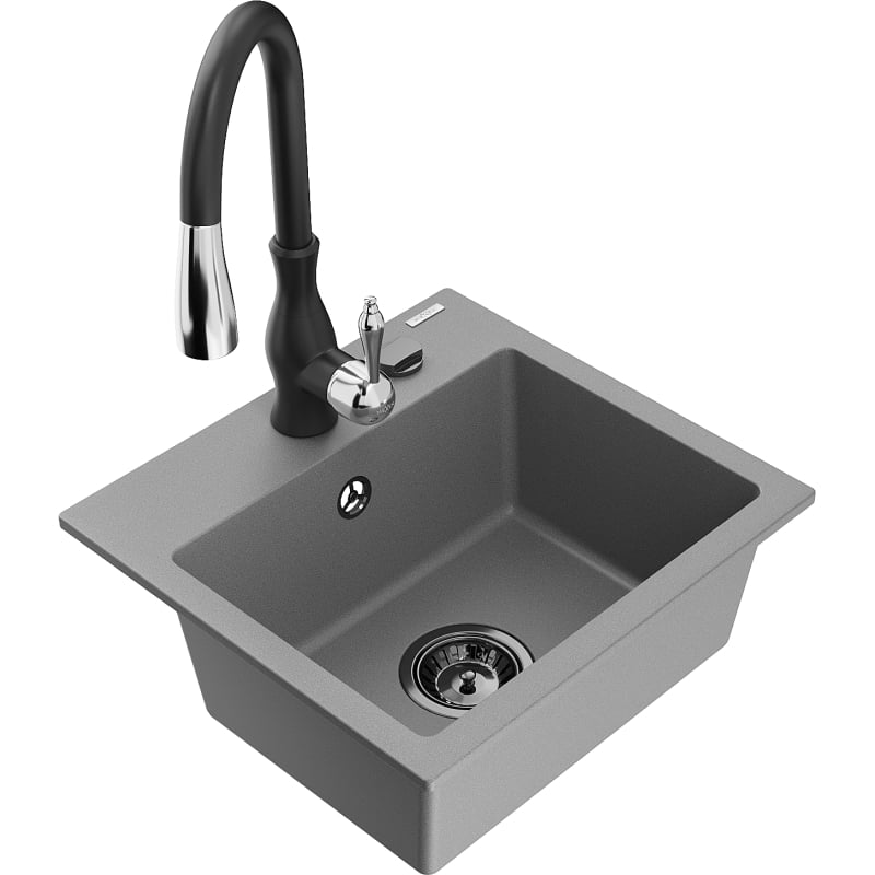 Mexen Milo 1-bowl granite sink with Savita kitchen faucet, gray - 6505-71-672601-70-B