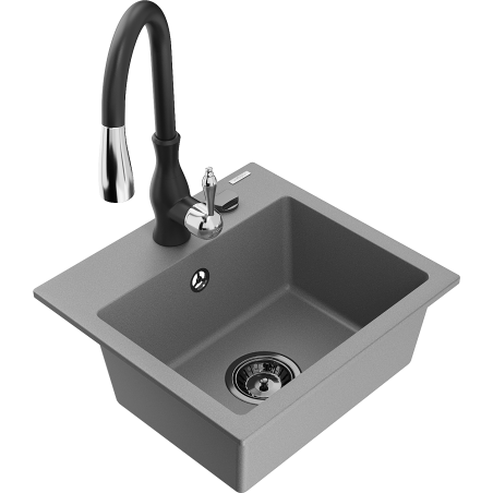 Mexen Milo 1-bowl granite sink with Savita kitchen faucet, gray - 6505-71-672601-70-B