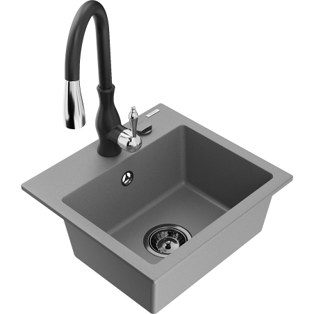 Mexen Milo 1-Bowl Granite Sink with Savita Kitchen Tap, Grey - 6505-71-672601-70-B