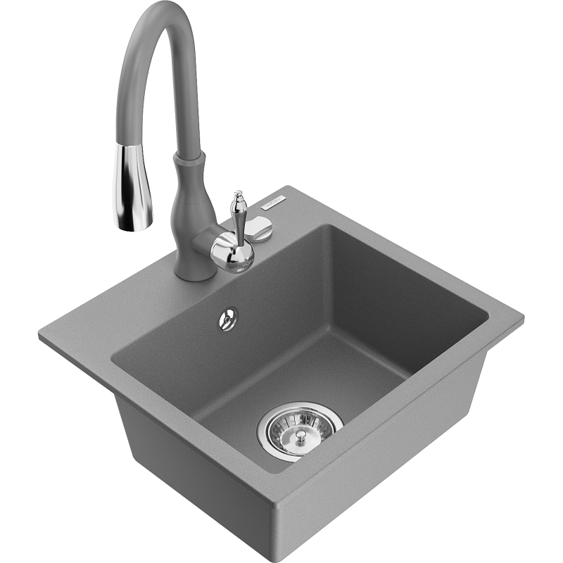 Mexen Milo 1-compartment granite sink with a kitchen mixer tap Savita, Grey - 6505-71-672601-71