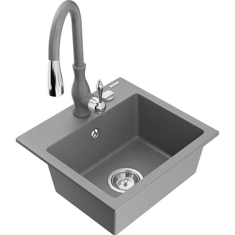 Mexen Milo granite single-bowl sink with Savita kitchen faucet, gray - 6505-71-672601-71