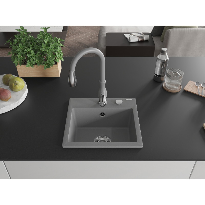 Mexen Milo 1-bowl granite sink with Savita kitchen faucet, gray - 6505-71-672601-71