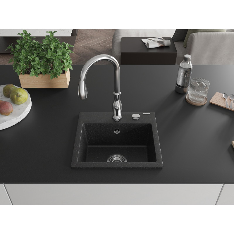 Mexen Milo 1-bowl granite sink with Savita kitchen faucet, black/silver metallic - 6505-73-672601-00