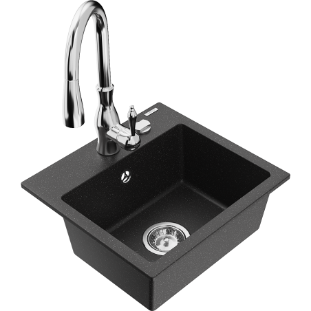 Mexen Milo 1-bowl granite sink with Savita kitchen faucet, black/silver metallic - 6505-73-672601-00