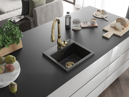 Mexen Milo Granite Sink 1-Bowl with Savita Kitchen Tap, Black/Silver Metallic- 6505-73-672601-50