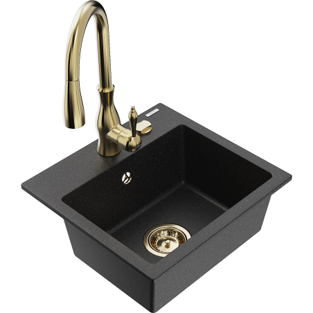 Mexen Milo Granite Sink 1-Bowl with Savita Kitchen Tap, Black/Silver Metallic- 6505-73-672601-50