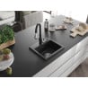 Mexen Milo granite 1-bowl kitchen sink with Savita faucet, black/silver metallic - 6505-73-672601-70