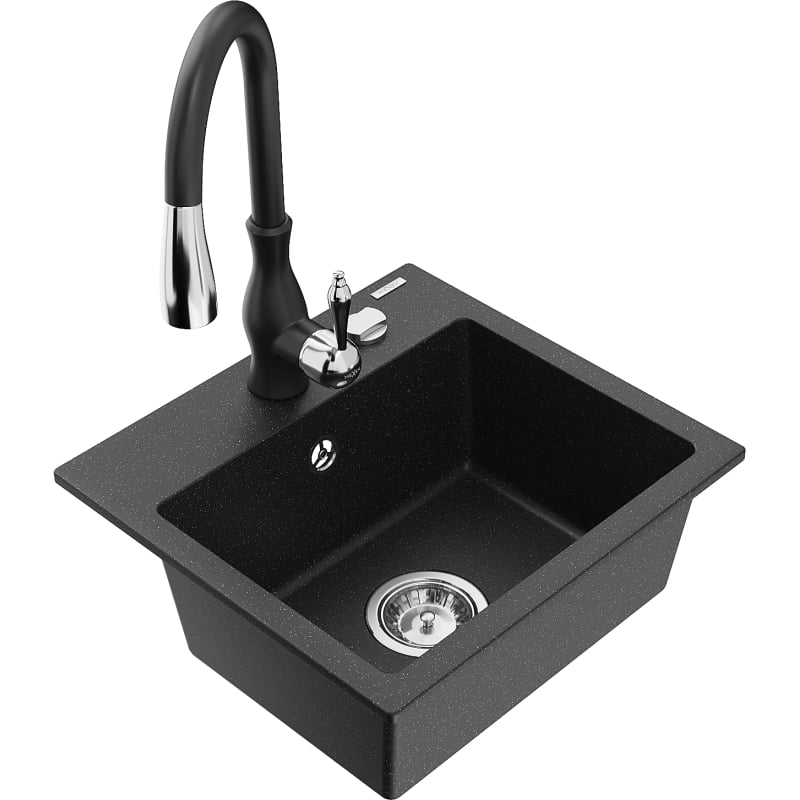 Mexen Milo granite 1-bowl kitchen sink with Savita faucet, black/silver metallic - 6505-73-672601-70