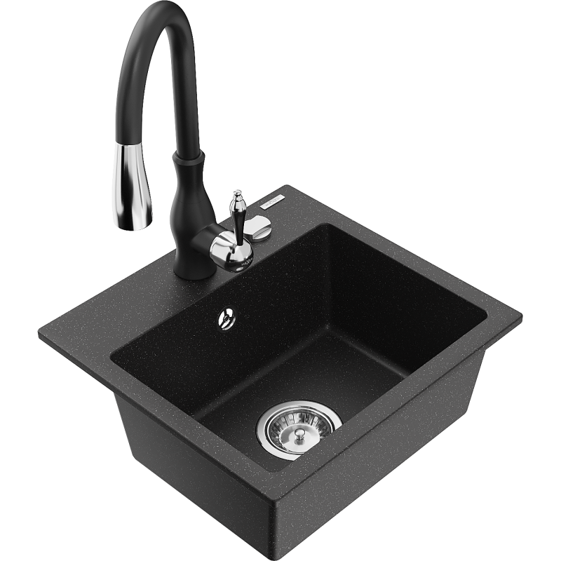 Mexen Milo granite sink 1-bowl with Savita kitchen tap, black/silver metallic- 6505-73-672601-70