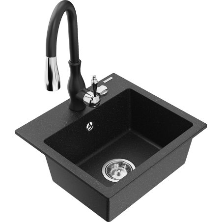 Mexen Milo granite sink 1-bowl with Savita kitchen tap, black/silver metallic- 6505-73-672601-70