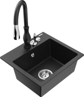 Mexen Milo granite kitchen sink with 1 compartment and Savita kitchen faucet, black/silver metallic - 6505-73-672601-70