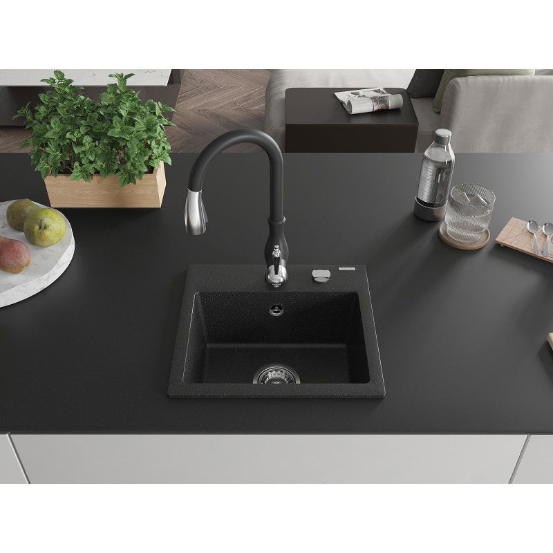 Mexen Milo granite sink 1-bowl with Savita kitchen tap, black/silver metallic- 6505-73-672601-70