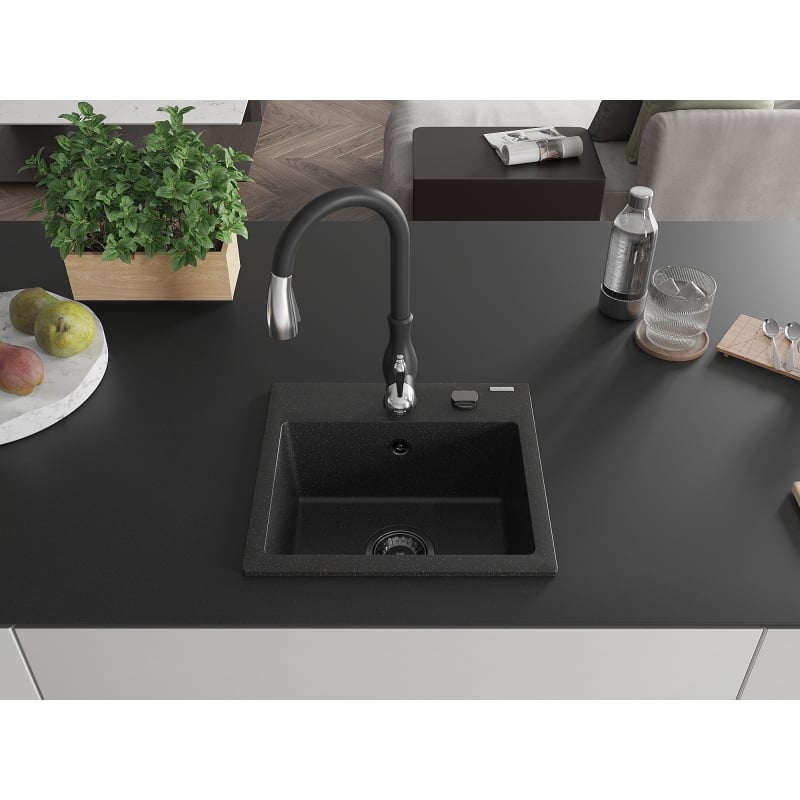 Mexen Milo granite kitchen sink 1-bowl with Savita kitchen faucet, black/silver metallic - 6505-73-672601-70-B