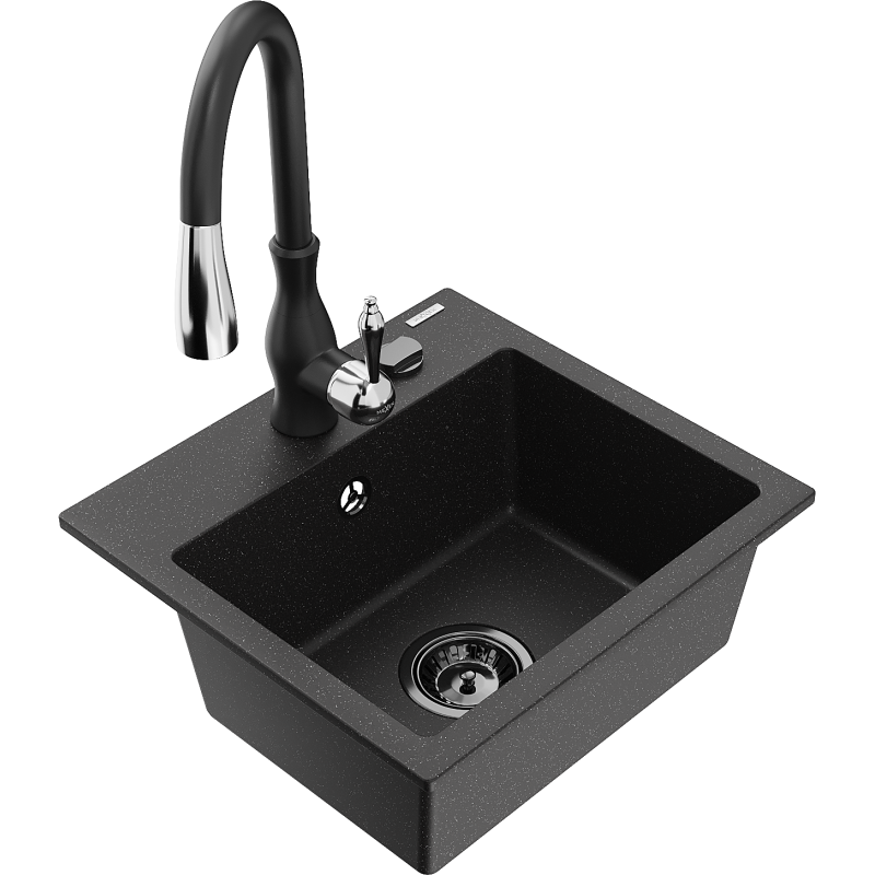 Mexen Milo granite sink 1-bowl with Savita kitchen tap, black/silver metallic- 6505-73-672601-70-B