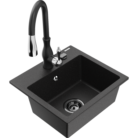 Mexen Milo granite kitchen sink 1-bowl with Savita kitchen faucet, black/silver metallic - 6505-73-672601-70-B