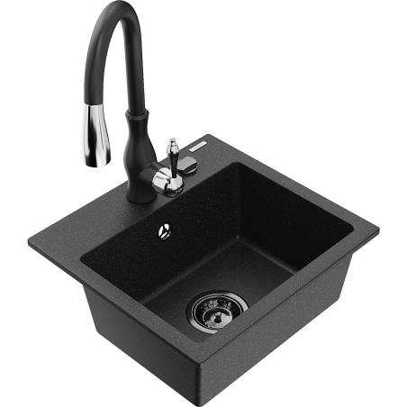 Mexen Milo granite sink 1-bowl with Savita kitchen tap, black/silver metallic- 6505-73-672601-70-B