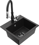 Mexen Milo granite sink 1-bowl with Savita kitchen tap, black/silver metallic- 6505-73-672601-70-B
