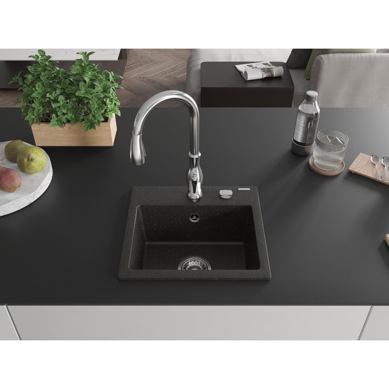 Mexen Milo 1-bowl granite kitchen sink with Savita kitchen faucet, black/gold metallic - 6505-75-672601-00