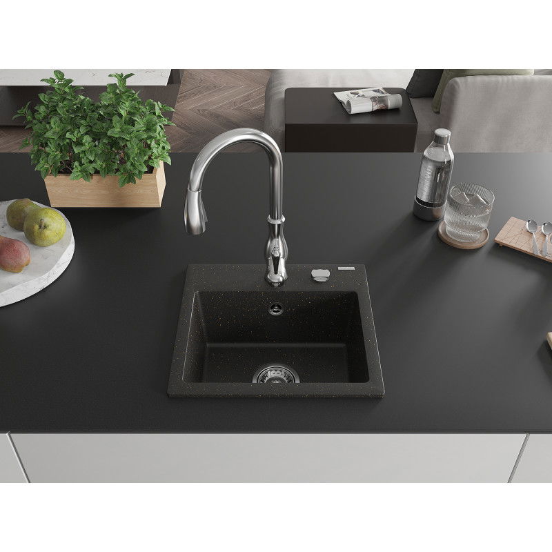 Mexen Milo granite kitchen sink 1-bowl with Savita kitchen tap, black/gold metallic- 6505-75-672601-00