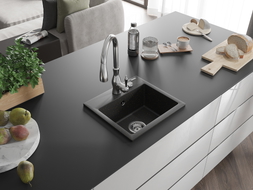 Mexen Milo 1-bowl granite sink with Savita kitchen faucet, black/gold metallic - 6505-75-672601-00