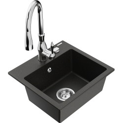 Mexen Milo 1-compartment granite sink with a kitchen mixer tap Savita, Black/Gold metallic- 6505-75-672601-00